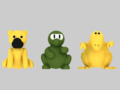 Adorable Plush Stuffed Toys Featuring Yellow Bear Green Frog And Yellow Duck 3d model