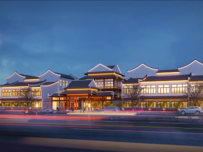 Traditional Chinese Commercial Street Night Scene With Illuminated Storefronts Parked Cars And Pedestrian Walkways 3d model