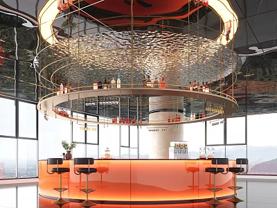 Modern Hotel Lobby Bar With Circular Orange Counter High Stools Glass Windows And Lighting Decor 3d model