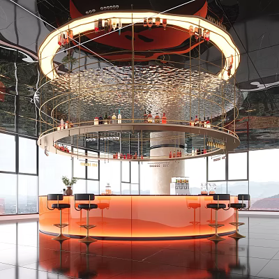 Modern Hotel Lobby Bar With Circular Orange Counter High Stools Glass Windows And Lighting Decor 3d model