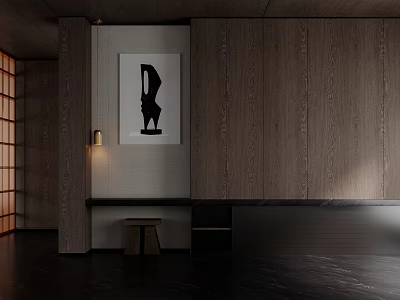 Minimalist Modern Foyer Hallway With Wooden Walls Art And Stool 3d model