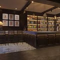Elegant Dark Decor Bar Interior With Wall Art Bar Counter Wine Shelves And Pendant Lights