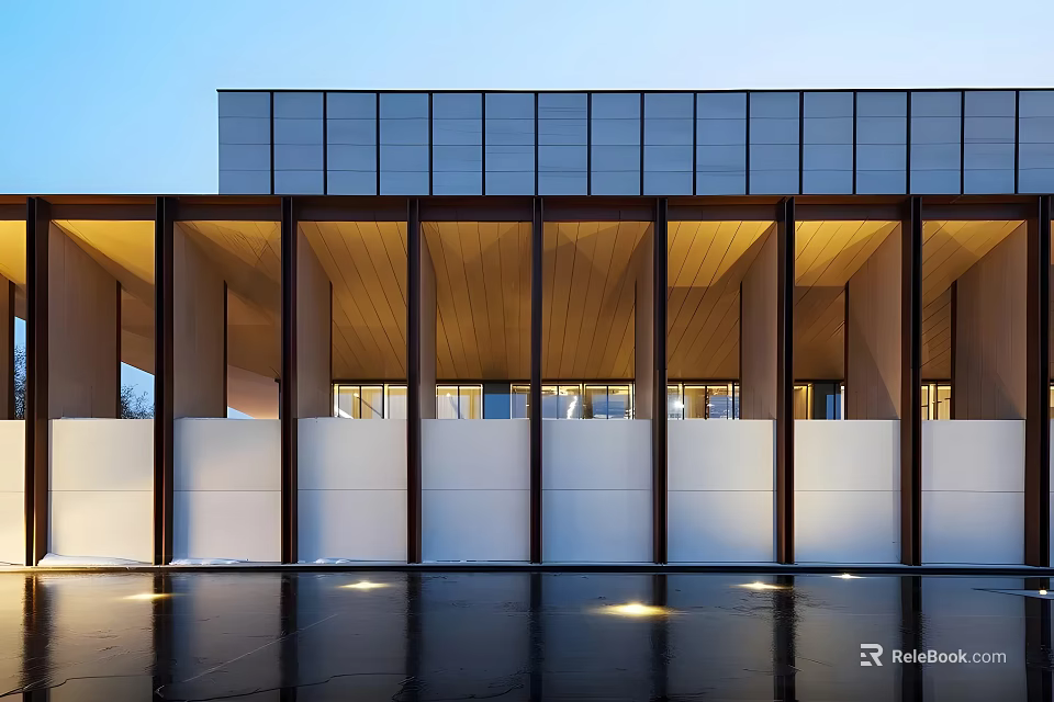 Modern Sales Office Building With Horizontal Glass Facade And Water Surface Reflection 3d model 