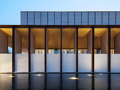 Modern Sales Office Building With Horizontal Glass Facade And Water Surface Reflection 3d model