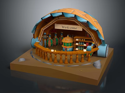 Cartoon Scene With Orange And Blue Dome Structure Welcome Sign Bottles Jars Shelves Wooden Railings 3d model