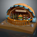 Cartoon Scene With Orange And Blue Dome Structure Welcome Sign Bottles Jars Shelves Wooden Railings