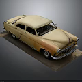 Vintage Golden Model Car With Classic Design Rounded Body On Display Stand