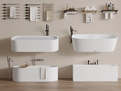 Modern Bathroom Interior Design With Various Bathtub Styles Towel Racks And Toiletries 3d model