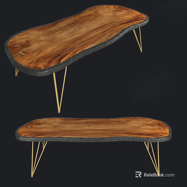 Wooden Dining Table With Black Edging And Gold Metal Legs Design 3d model 