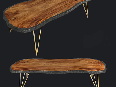 Wooden Dining Table With Black Edging And Gold Metal Legs Design 3d model