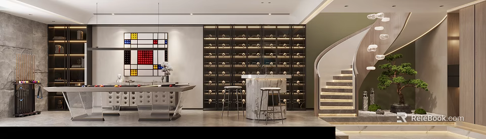 Modern Entertainment Room Interior Design With Wine Rack Round Bar Counter And Metal Stools 3d model 