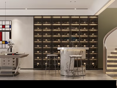Modern Entertainment Room Interior Design With Wine Rack Round Bar Counter And Metal Stools 3d model