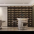 Modern Entertainment Room Interior Design With Wine Rack Round Bar Counter And Metal Stools