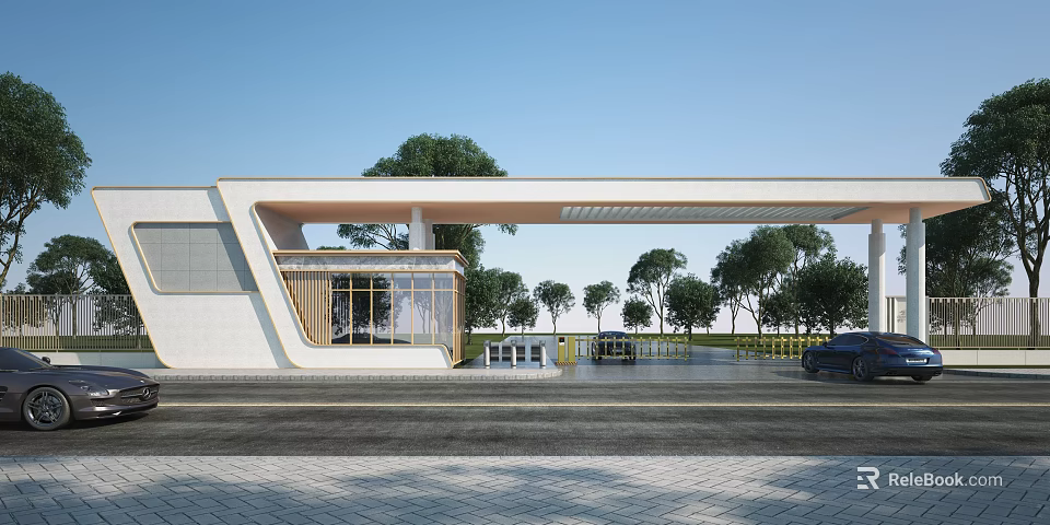 Modern Entrance Gate With White Canopy Glass Curtain Wall Trees And Car On Road 3d model 