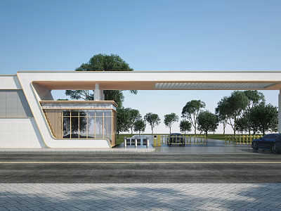 Modern Entrance Gate With White Canopy Glass Curtain Wall Trees And Car On Road 3d model