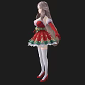 Woman in Festive Christmas Dress with Red Green Patterns Long Hair and Red Shoes