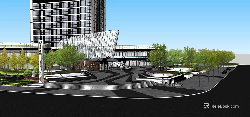 Modern Commercial Landscape Featuring High Rise Building Glass Curtain Wall and Green Plaza Area 3d model 