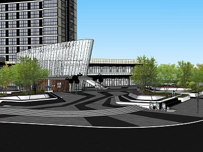 Modern Commercial Landscape Featuring High Rise Building Glass Curtain Wall and Green Plaza Area 3d model