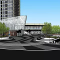 Modern Commercial Landscape Featuring High Rise Building Glass Curtain Wall and Green Plaza Area