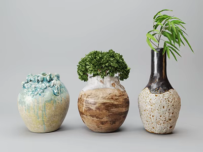 Three Decorative Vases with Green Plants Blue Green Textured Brown Ceramic and Black White Spotted 3d model