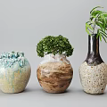 Three Decorative Vases with Green Plants Blue Green Textured Brown Ceramic and Black White Spotted
