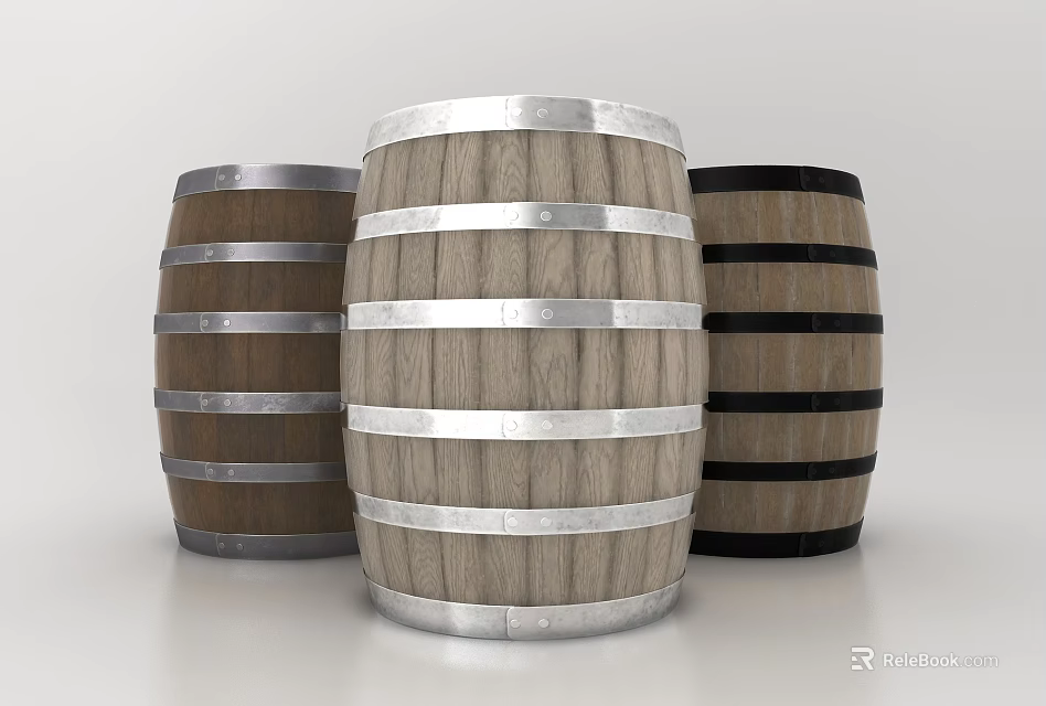 Industrial Equipment Featuring Wooden Barrels With Metal Hoops And Various Colors 3d model 