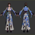 Ancient Female Character With Traditional Blue Purple Gold Costume And Mythical Creature Pattern Front Back Design