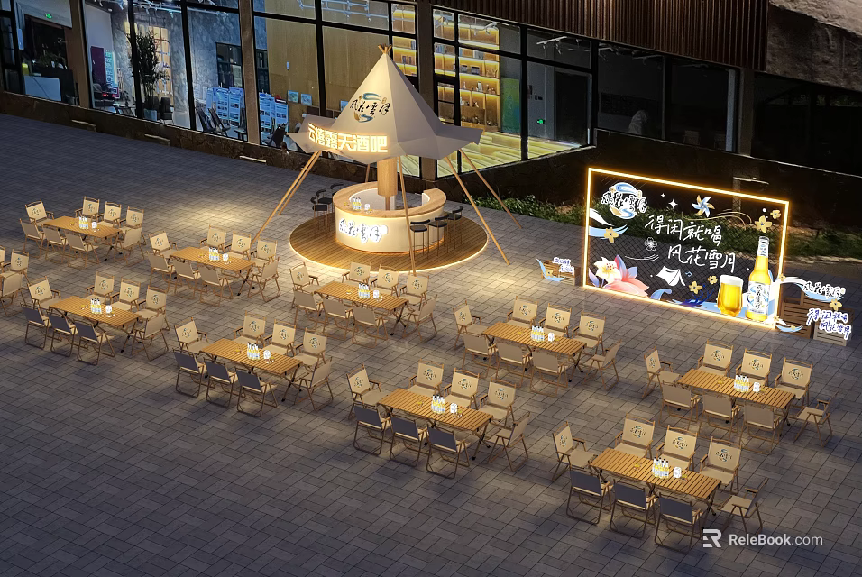 Outdoor Tea Break Area with Tent Tables and Chairs Blackboard Menu and Lighting 3d model 