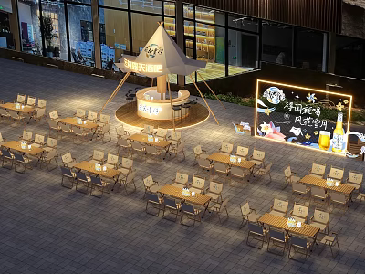 Outdoor Tea Break Area with Tent Tables and Chairs Blackboard Menu and Lighting 3d model