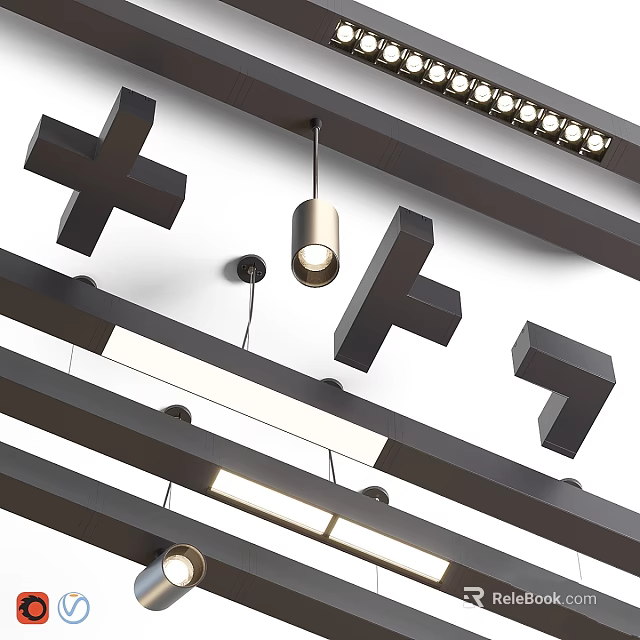 Modern Downlights and Spotlights Arranged in Ceiling Beam Structure for Illumination 3d model 