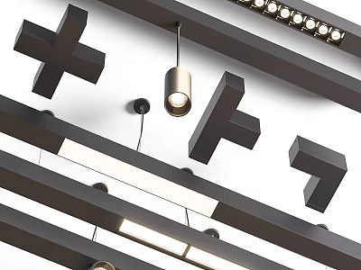 Modern Downlights and Spotlights Arranged in Ceiling Beam Structure for Illumination 3d model