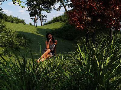 Park Landscape With Lush Green Grass Tall Trees Red Leaves and Woman Resting 3d model