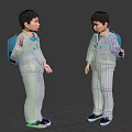 Men in Blue Jackets and Black Pants Carrying Backpacks Against Gradient Purple Pink Background
