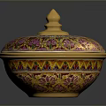 Decorative Floral Patterned Storage Box With Purple Gold Blue Design And Golden Spire Lid