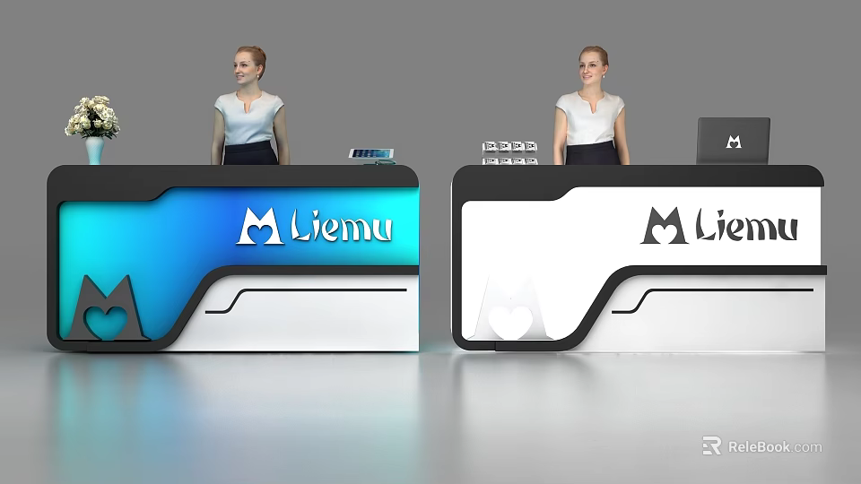 Modern Reception Desk Design with Liemu Logo and Blue White Black Colors 3d model 