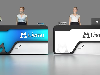 Modern Reception Desk Design with Liemu Logo and Blue White Black Colors 3d model