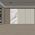 Modern Interior Design Feature Wall With Marble Texture Geometric Lines Wooden Cabinets And Recessed Lighting