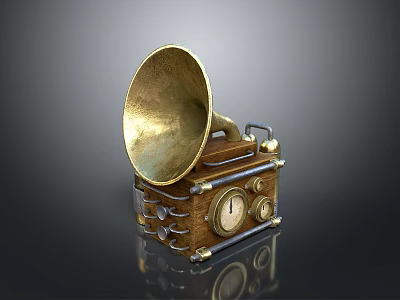 Vintage Industrial Equipment With Brass Horn Wooden Base Mechanical Design And Dials 3d model