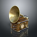 Vintage Industrial Equipment With Brass Horn Wooden Base Mechanical Design And Dials