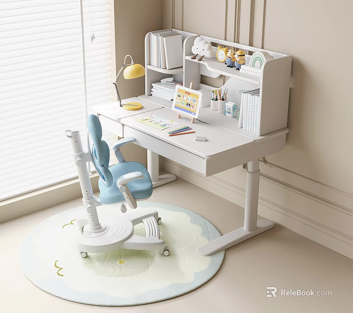 Kids Study Desk with Blue Chair Lamp Bookshelf Stationery and Soft Rug by Window 3d model 