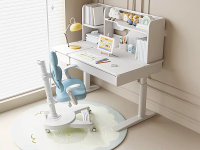 Kids Study Desk with Blue Chair Lamp Bookshelf Stationery and Soft Rug by Window 3d model