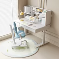 Kids Study Desk with Blue Chair Lamp Bookshelf Stationery and Soft Rug by Window