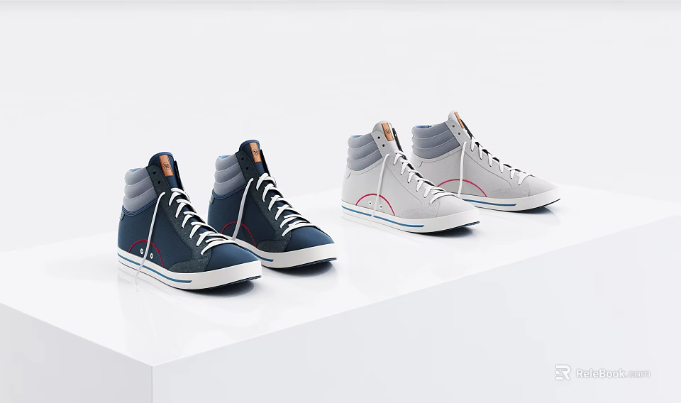 Stylish High Top Casual Shoes In Navy Blue And Gray With Classic Lace Up Design 3d model 