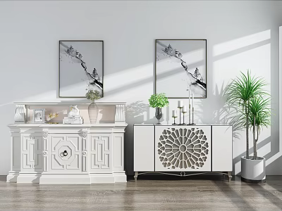 Modern Console Table And Side Cabinet With Wall Paintings Potted Plant And Decorations 3d model