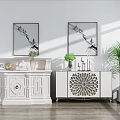 Modern Console Table And Side Cabinet With Wall Paintings Potted Plant And Decorations