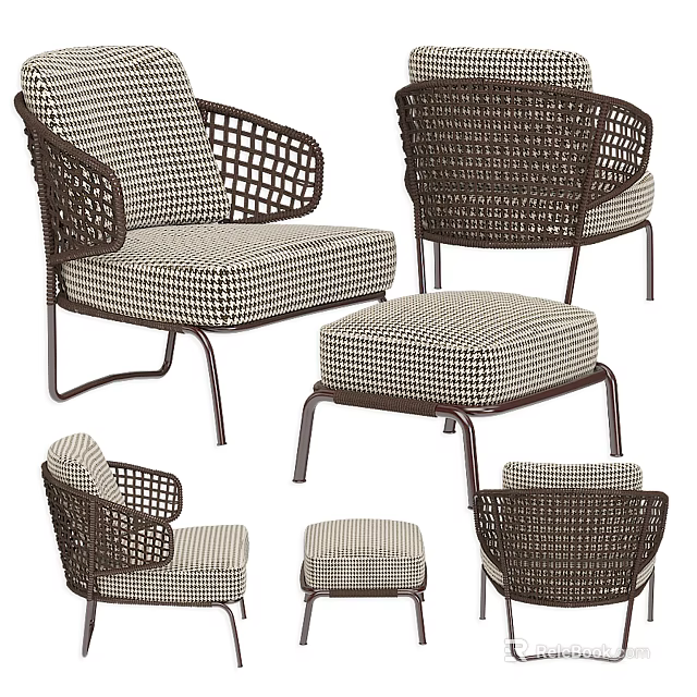 Woven Armrest Armchair With Checkered Cushion And Matching Ottoman Set Design 3d model 