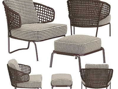 Woven Armrest Armchair With Checkered Cushion And Matching Ottoman Set Design 3d model