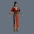 Woman In Traditional Red Long Dress With Decorative Belt And Leather Boots