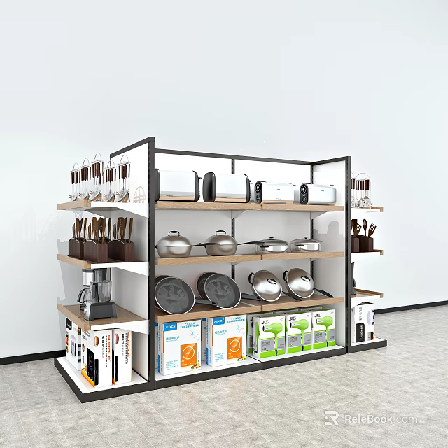Kitchen Display Shelves With Utensils Pans Appliances And Packaged Products 3d model 