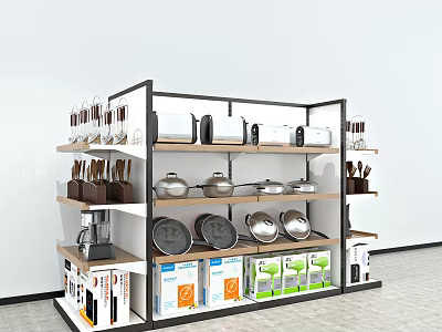 Kitchen Display Shelves With Utensils Pans Appliances And Packaged Products 3d model